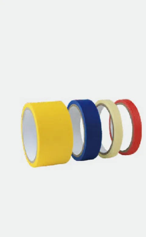 Rolls of yellow, blue, cream, and red crepe paper masking tape