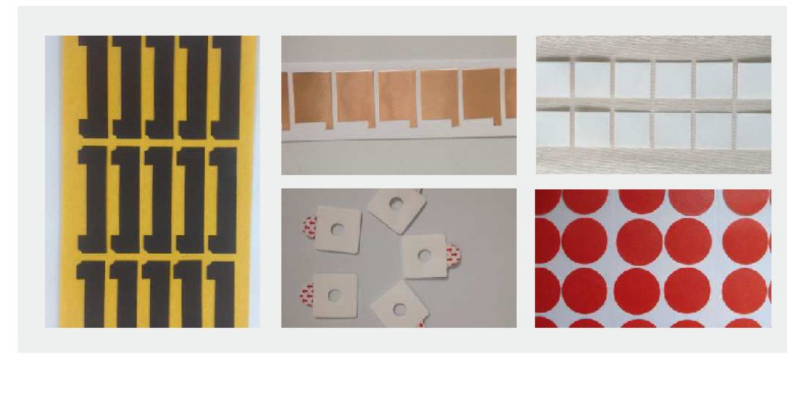 Sample die-cut adhesive parts: foam gaskets, adhesive dots, and custom-shaped components